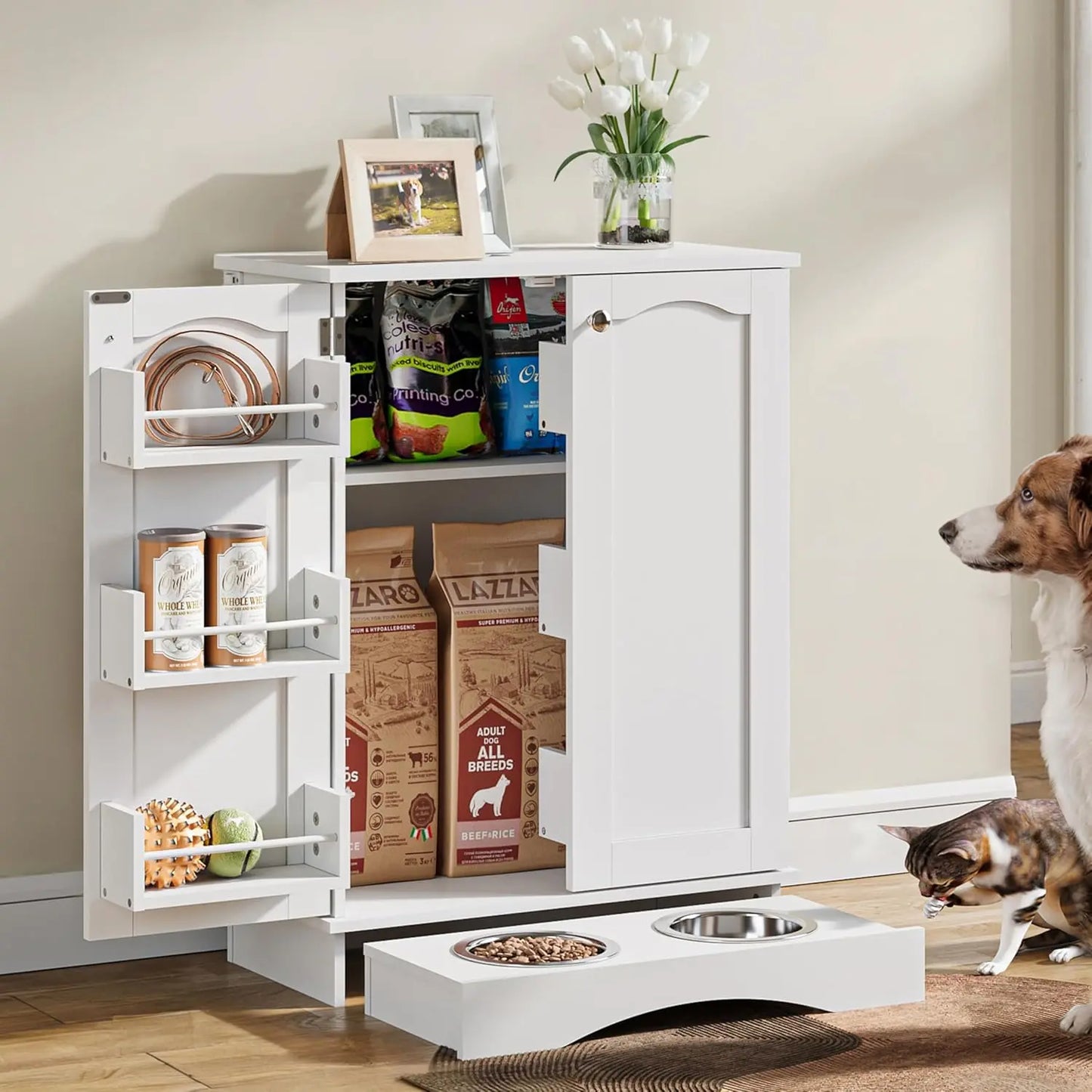 Modern Dog Feeding Station with Feeding Bowls,31.7" Adjustable Shelves, Pet Organizers, House Organizers, Storage Cabinet for Cats & Dogs – White Indoor Floor Cupboard Summergarden