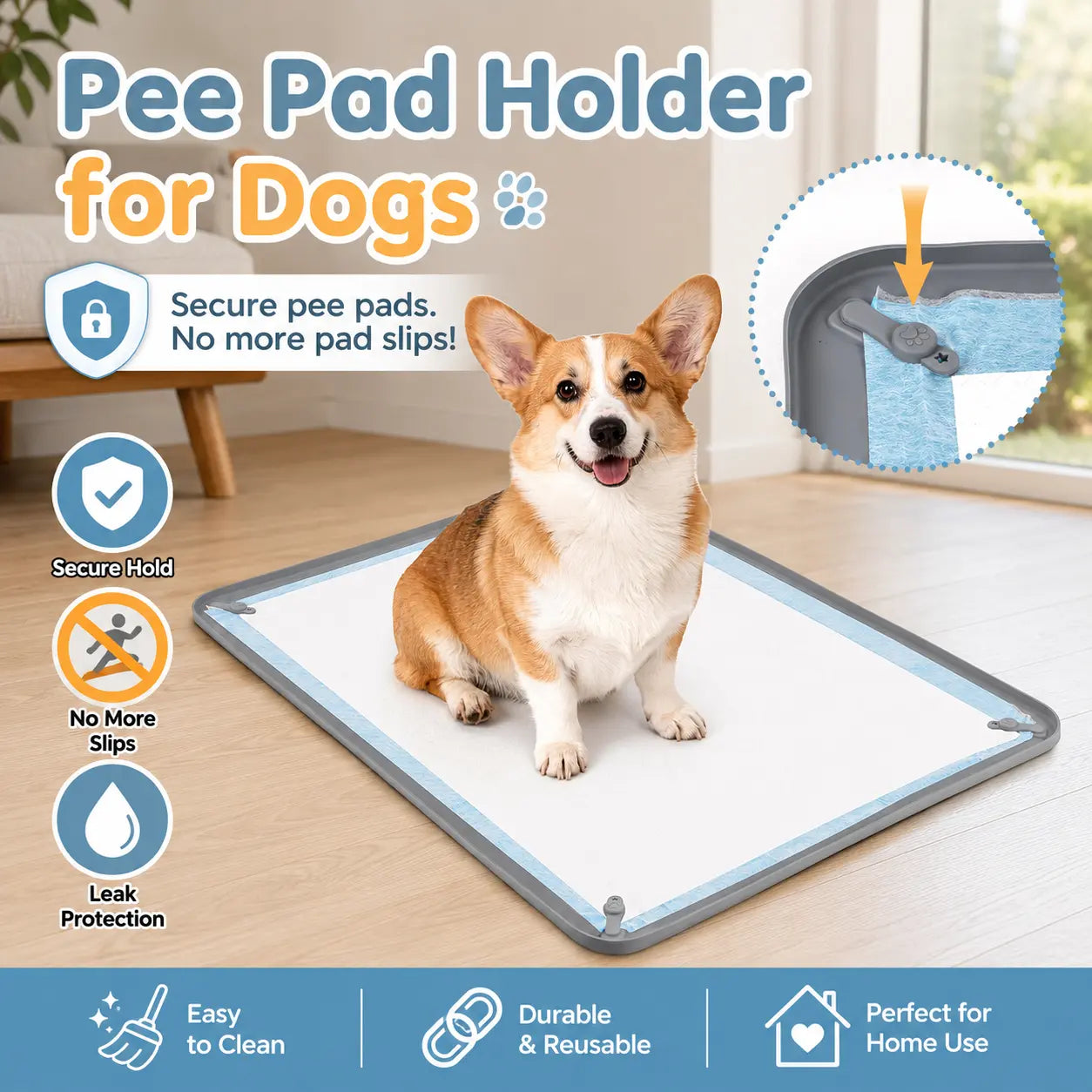 Pee Pad Holder for Dogs, Non-Slip Silicone Puppy Potty Training Tray with 4 Magnetic Clips & Leak-Proof Raised Edge, Dog Pee Pad Holder for Home Indoor Floor Protection, Puppy Essentials