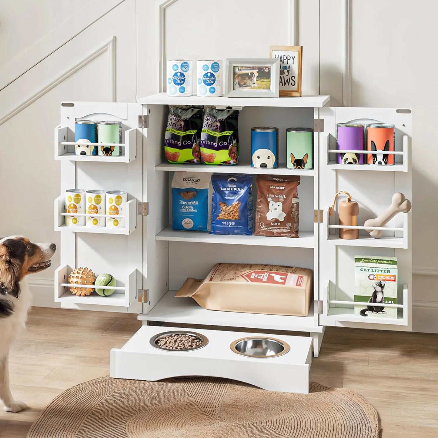Modern Dog Feeding Station with Feeding Bowls,31.7" Adjustable Shelves, Pet Organizers, House Organizers, Storage Cabinet for Cats & Dogs – White Indoor Floor Cupboard Summergarden