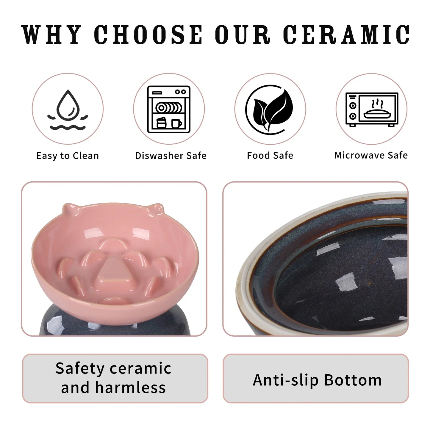 Ceramic Slow Feeder Cat Bowl, Raised Tilted Cat Food Bowl for Fast Eaters, Whisker Friendly Elevated Bowl, Dishwasher Safe for Dry & Wet Food