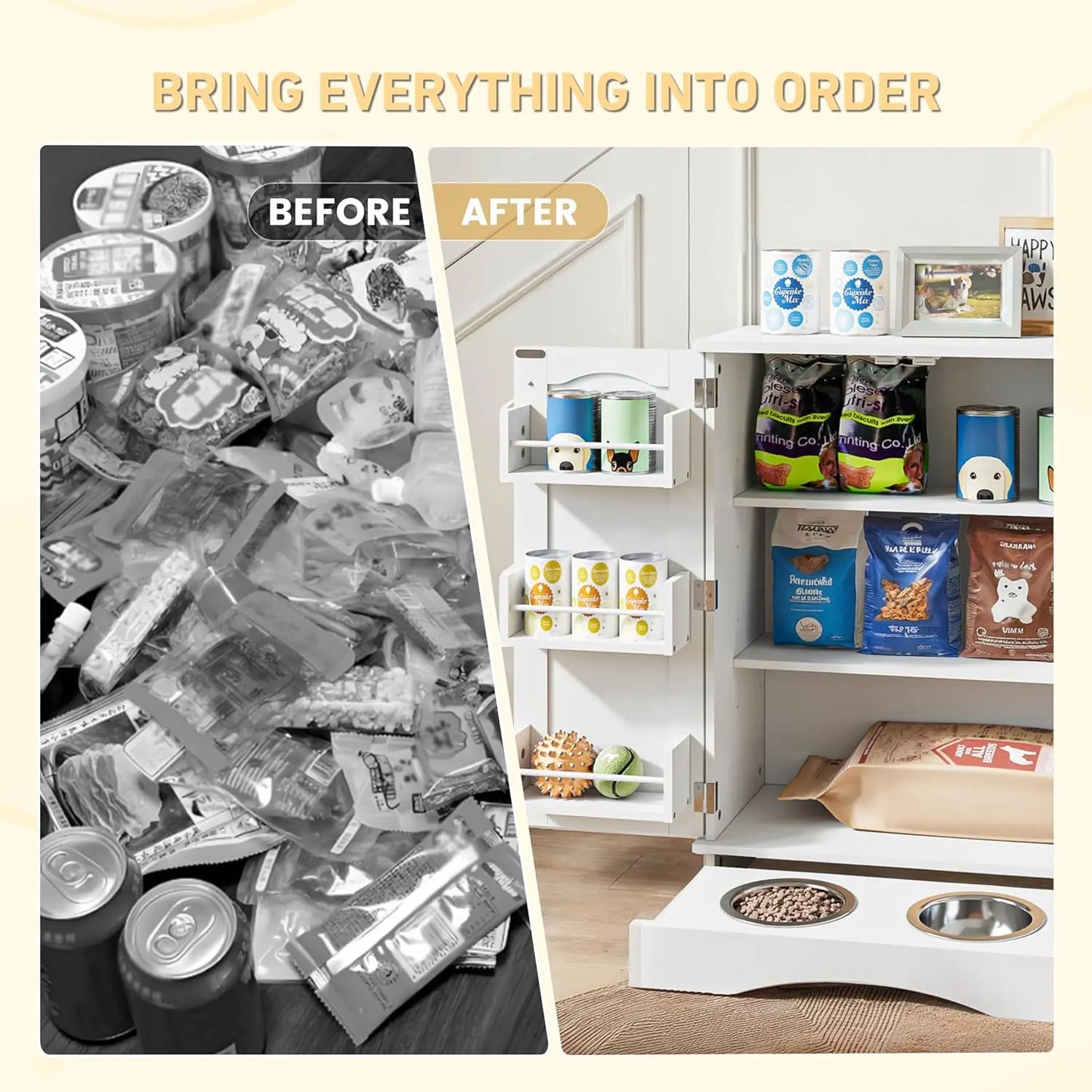 Modern Dog Feeding Station with Feeding Bowls,31.7" Adjustable Shelves, Pet Organizers, House Organizers, Storage Cabinet for Cats & Dogs – White Indoor Floor Cupboard Summergarden
