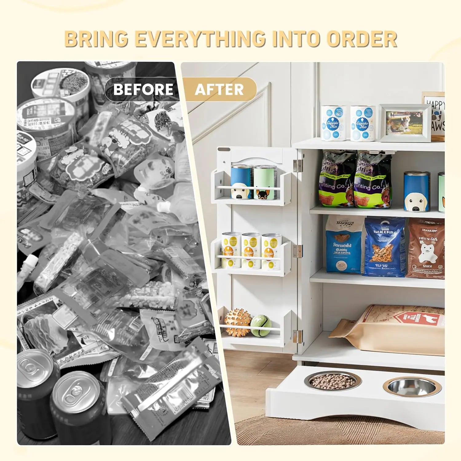 Modern Dog Feeding Station with Feeding Bowls,31.7" Adjustable Shelves, Pet Organizers, House Organizers, Storage Cabinet for Cats & Dogs – White Indoor Floor Cupboard Summergarden