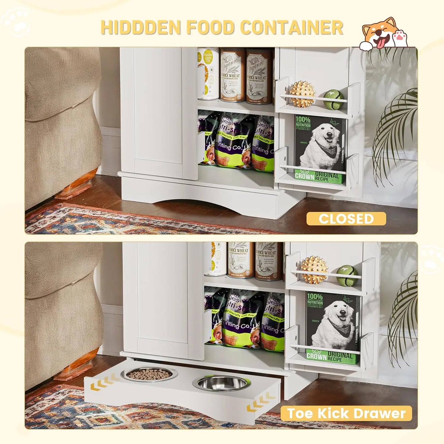 Modern Dog Feeding Station with Feeding Bowls,31.7" Adjustable Shelves, Pet Organizers, House Organizers, Storage Cabinet for Cats & Dogs – White Indoor Floor Cupboard Summergarden