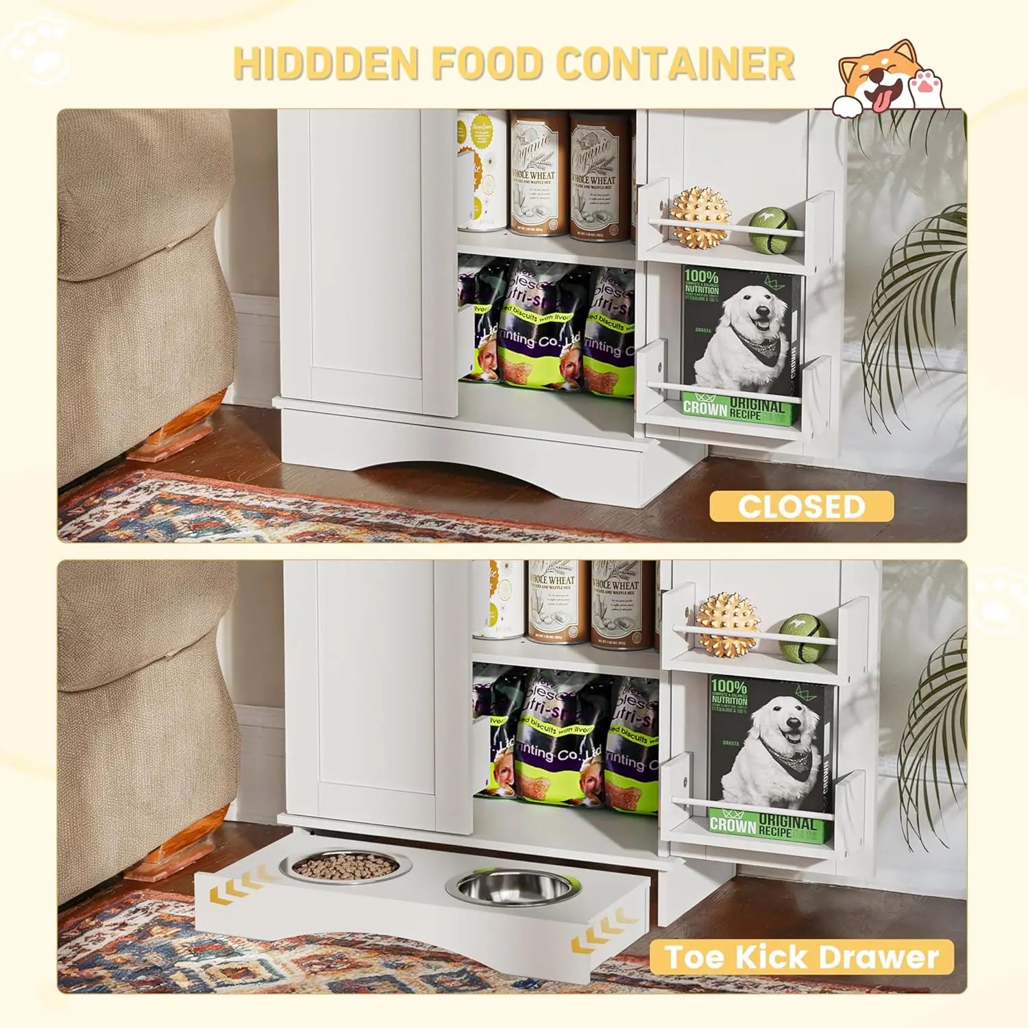 Modern Dog Feeding Station with Feeding Bowls,31.7" Adjustable Shelves, Pet Organizers, House Organizers, Storage Cabinet for Cats & Dogs – White Indoor Floor Cupboard Summergarden
