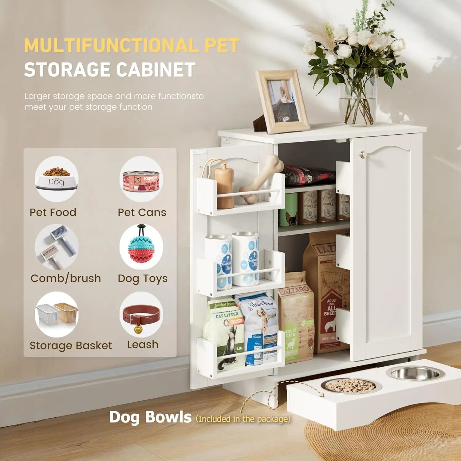 Modern Dog Feeding Station with Feeding Bowls,31.7" Adjustable Shelves, Pet Organizers, House Organizers, Storage Cabinet for Cats & Dogs – White Indoor Floor Cupboard Summergarden