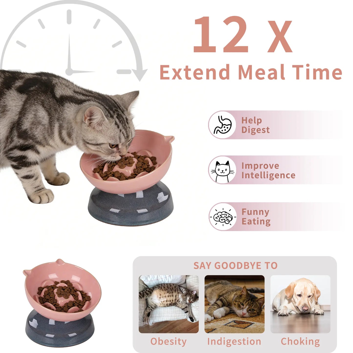 Ceramic Slow Feeder Cat Bowl, Raised Tilted Cat Food Bowl for Fast Eaters, Whisker Friendly Elevated Bowl, Dishwasher Safe for Dry & Wet Food